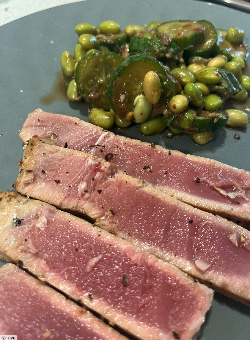 Tuna steak with edamame salad
